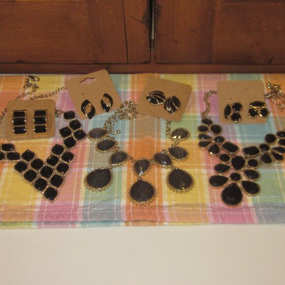 Claire's Jewelry - Bib Necklace & Earring Gold Tone Black and Gray Bundle